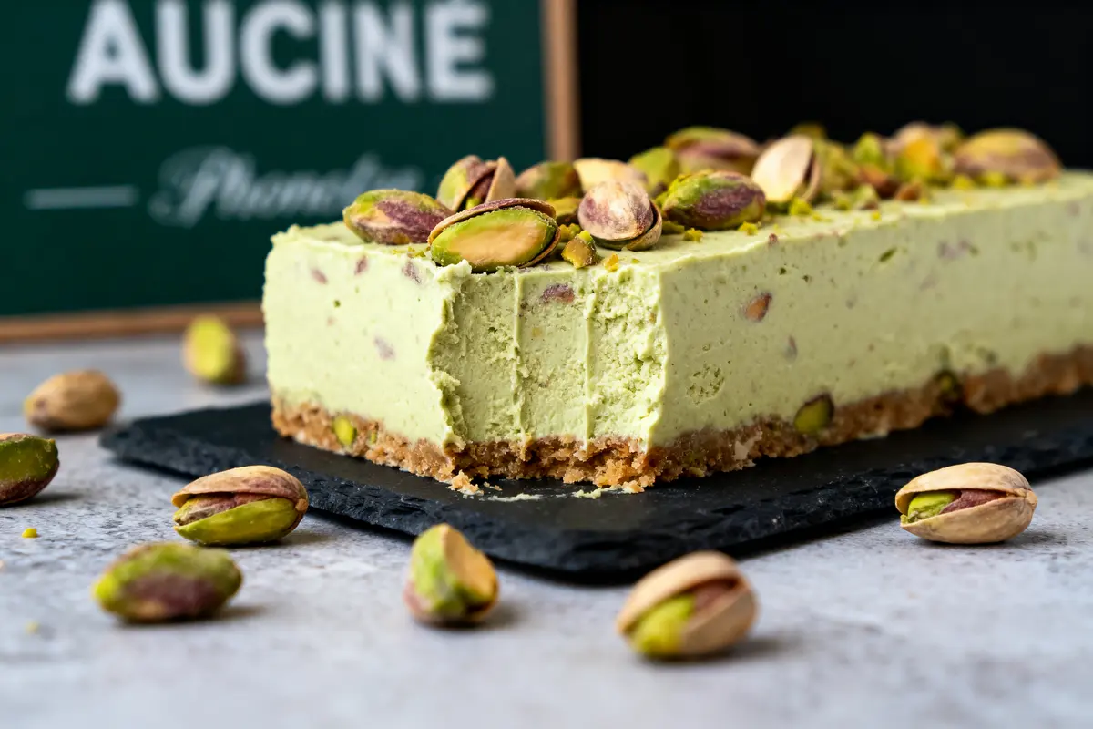 Gâteau au fromage à la pistache sur ardoise, décoré de pistaches entières, vue en gros plan.