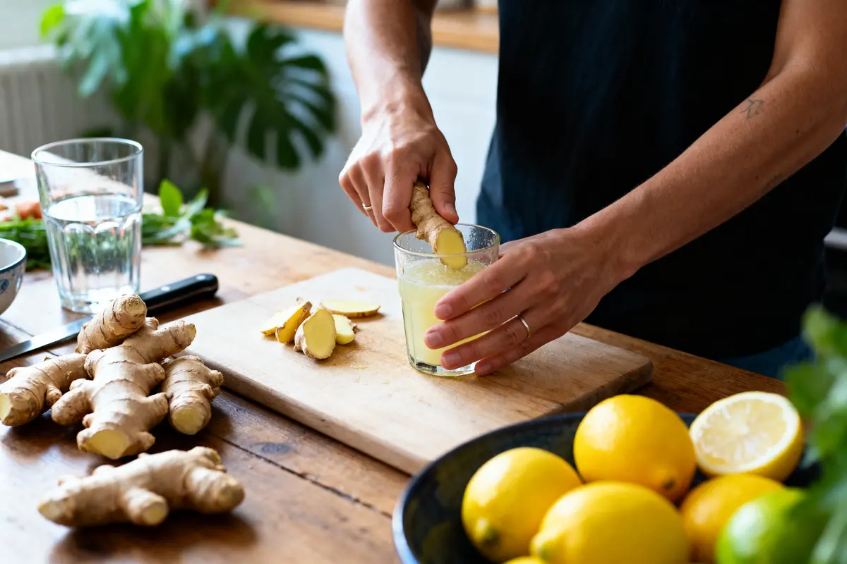 Personne pressant du gingembre dans un verre sur une table avec citrons, gingembre et couteau.