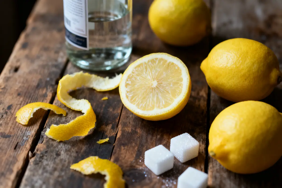 Citrons entiers et coupés, écorces, sucre en cubes, fond en bois rustique.
