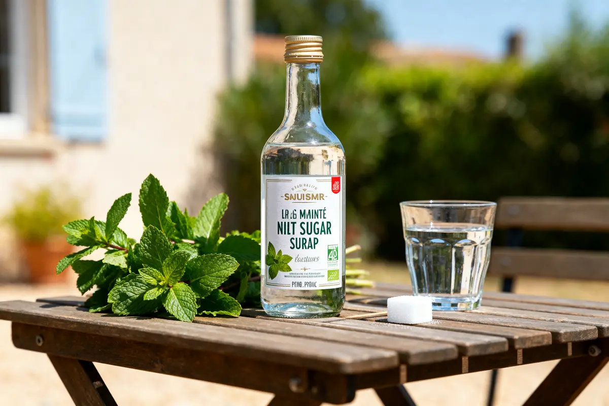 Bouteille de sirop menthe sur table en bois, avec verre d'eau et feuille de menthe.