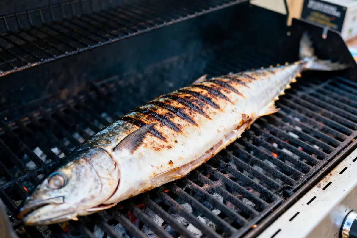 Poisson entier grillé sur barbecue, marques de cuisson visibles, fumée légère, ambiance extérieure.