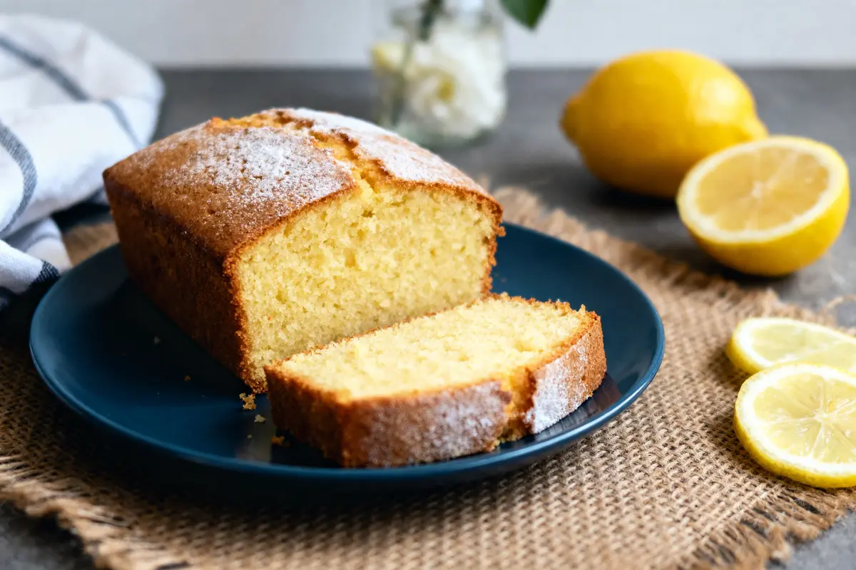 Cake au citron fait maison sur assiette bleue, tranches de citron, fond rustique avec tissu et nappe blanche.