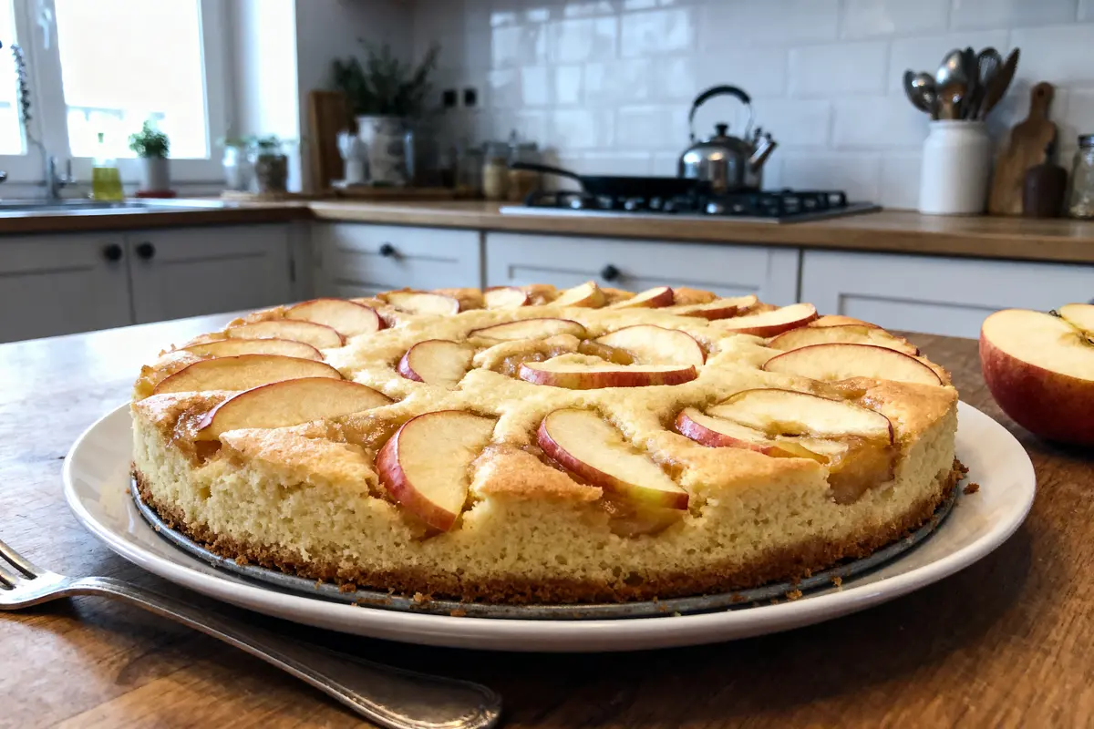 Gâteau aux pommes sur table en bois, cuisine lumineuse en arrière-plan avec ustensiles et vaisselle.