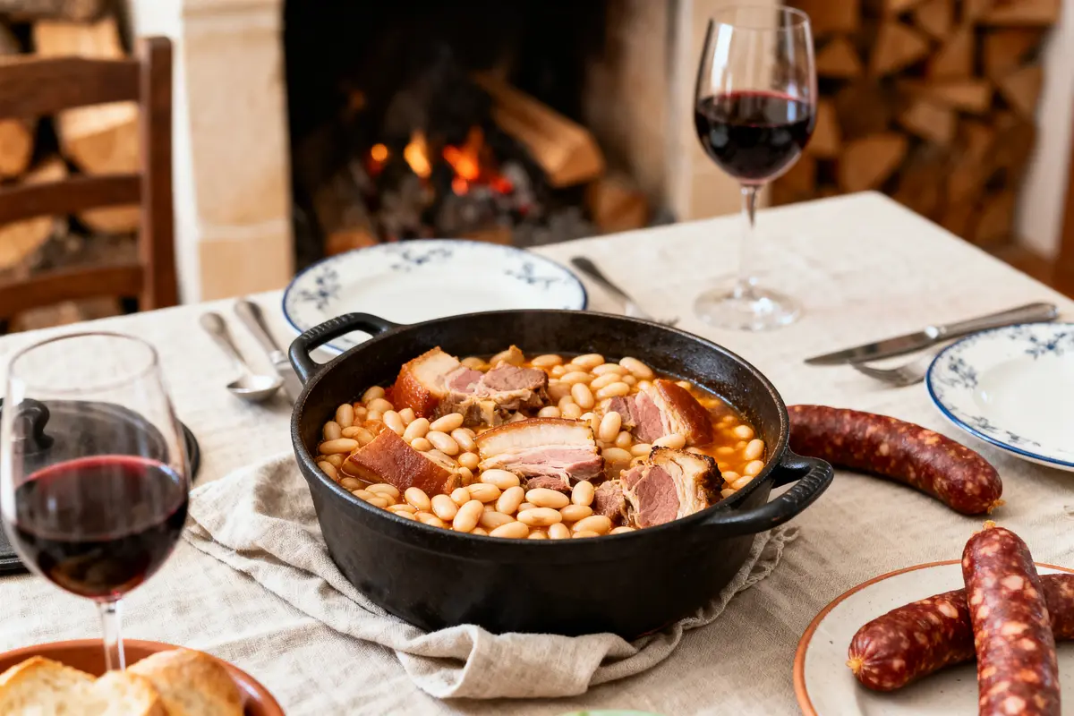 Plat de cassoulet avec viande, haricots, pain et vin rouge sur table près d'une cheminée.