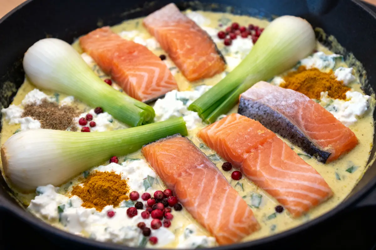 Saumon cru avec poireaux, épices, fromage blanc et baies rouges dans une poêle noire.