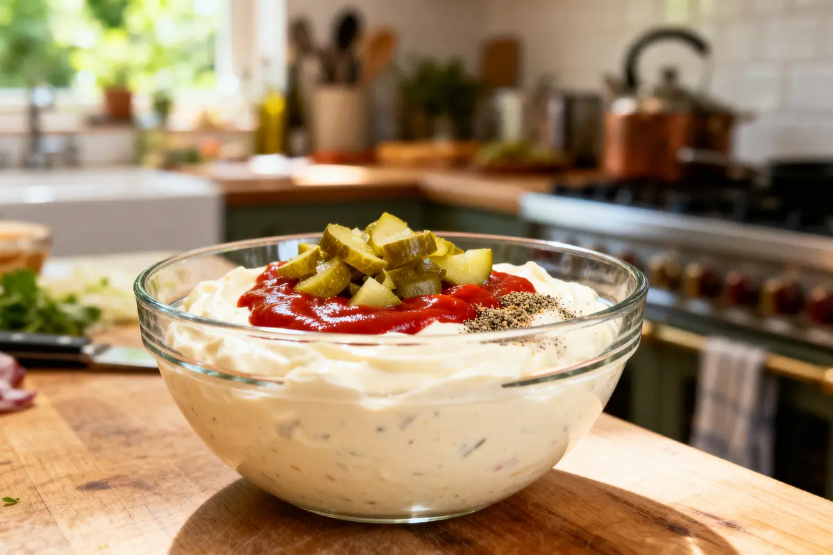 Bol de dip crémeux garni de cornichons, ketchup et poivre, posé sur un plan de travail en cuisine.