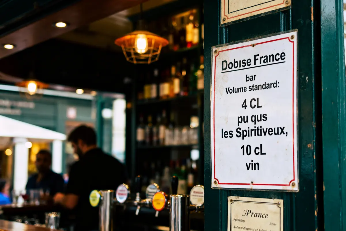 Affiche de bar indiquant volumes standards pour spiritueux, vin. Ambiance intérieure avec barman et bouteilles.
