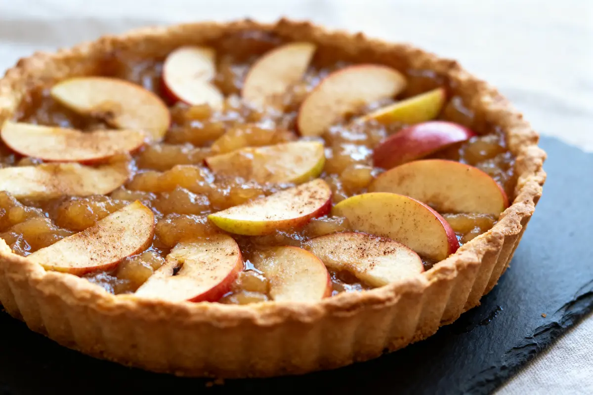 Tarte aux pommes avec tranches de pomme et compote sur pâte dorée, posée sur ardoise noire.