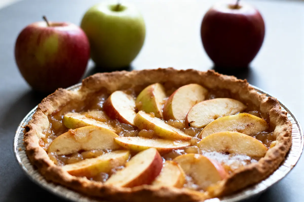Tarte aux pommes garnie de tranches de pomme, entourée de trois pommes entières en arrière-plan.