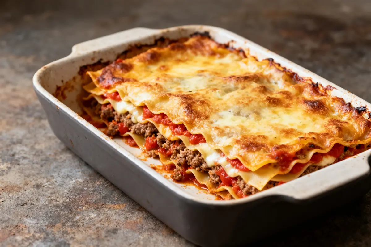 Plat de lasagne dorée au four avec viande hachée, sauce tomate, fromage fondu, sur une table en pierre.