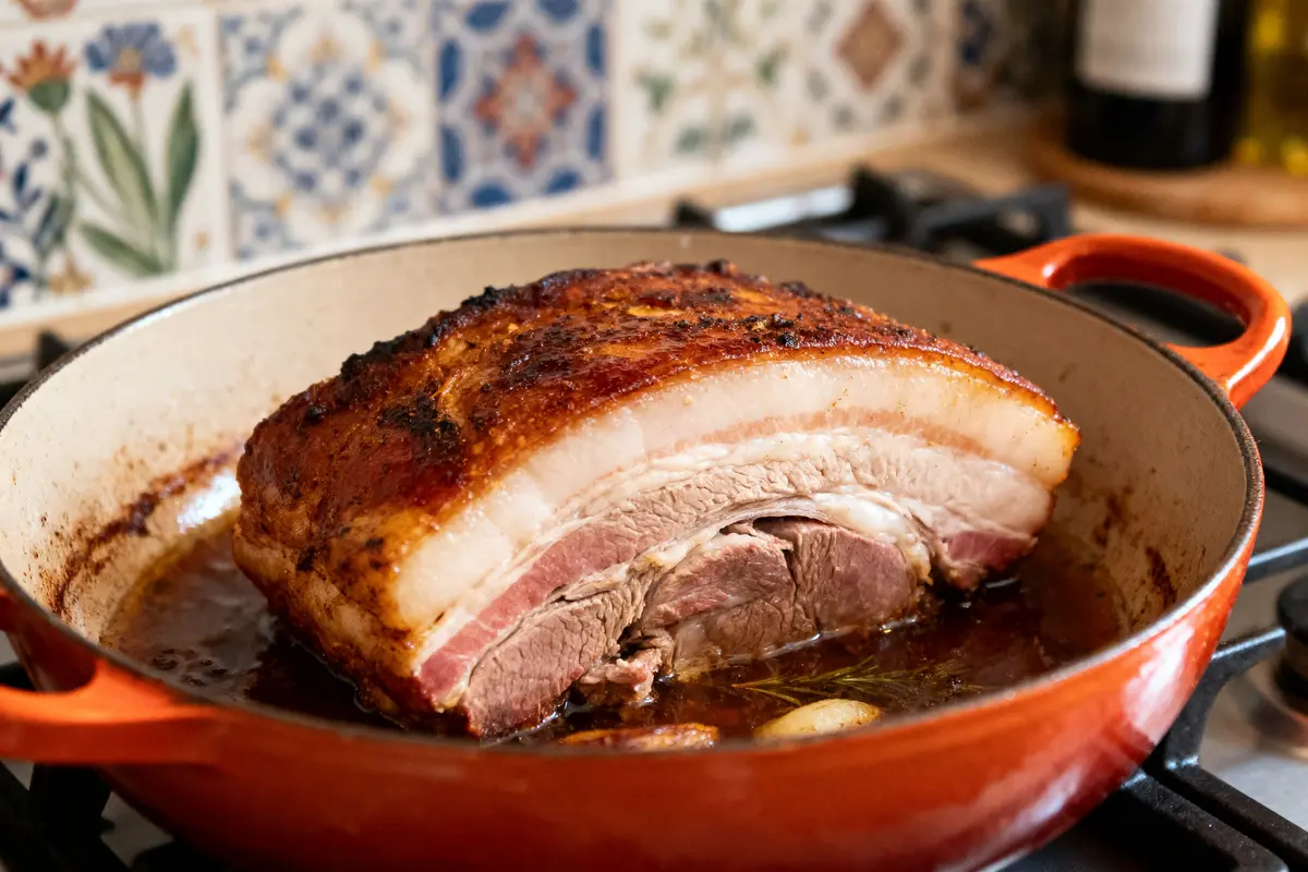 Rôti de porc cuit au four dans une cocotte en fonte orange sur une cuisinière.