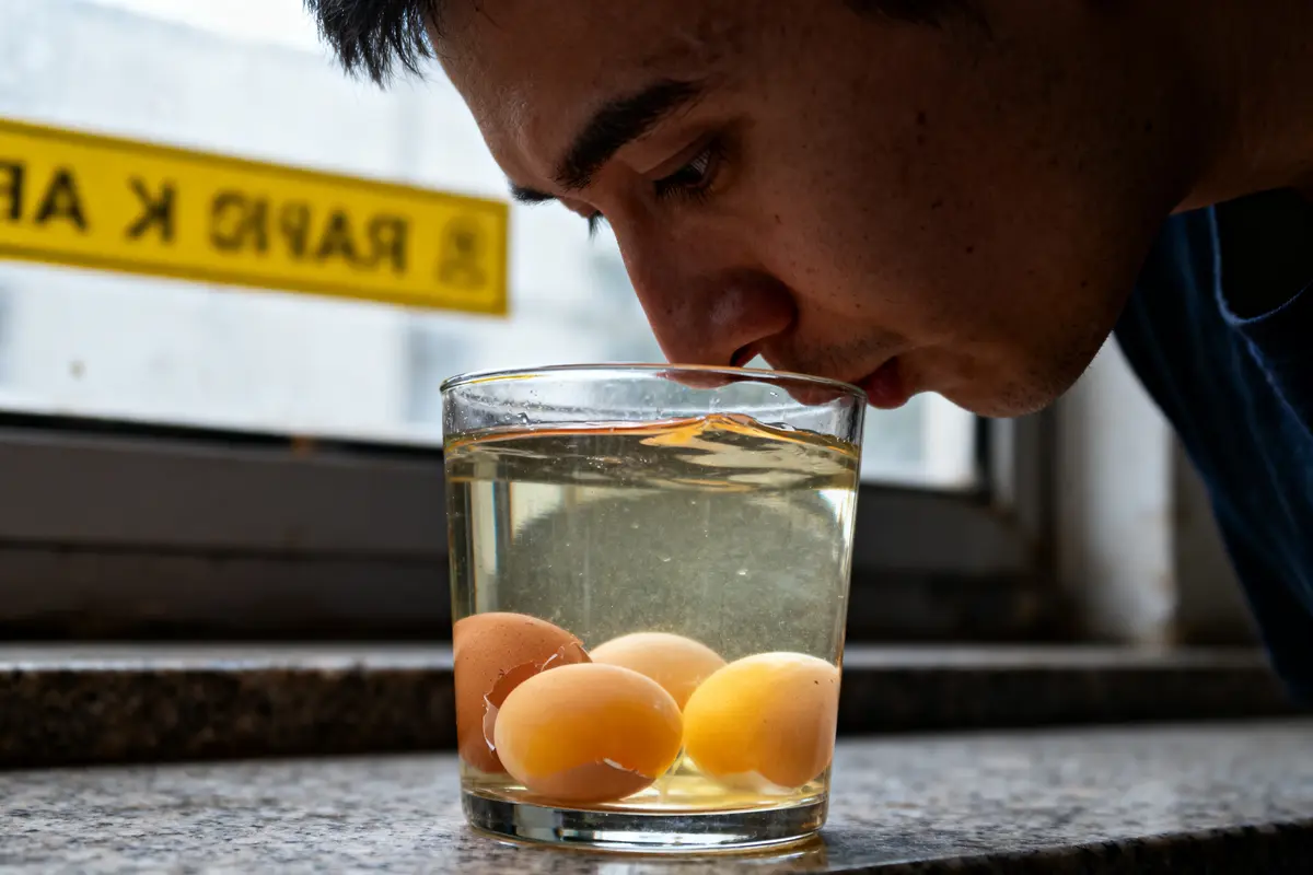 Homme inspectant des œufs dans un verre d'eau sur un rebord de fenêtre, panneau jaune en arrière-plan.
