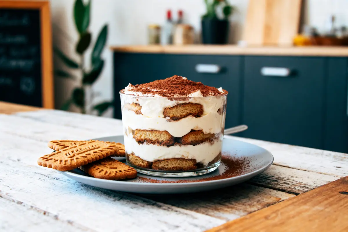 Dessert tiramisu dans un verre, saupoudré de cacao, avec biscuits sur une assiette dans une cuisine moderne.