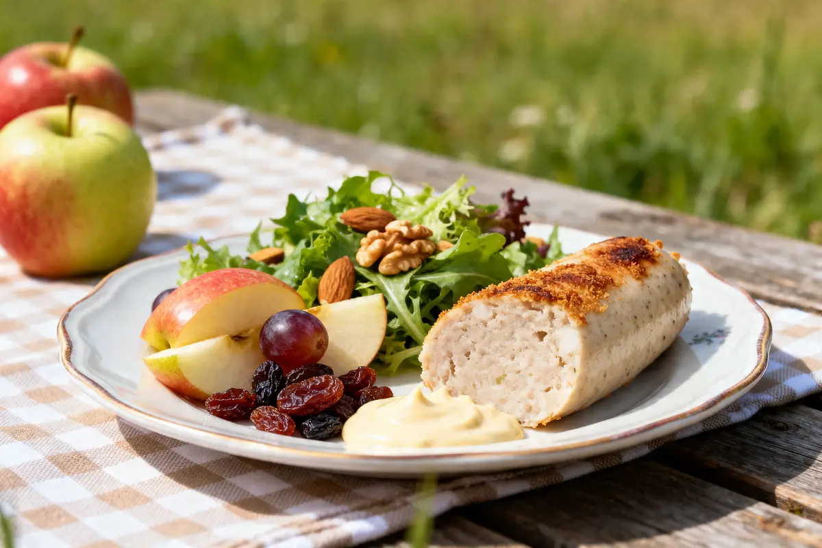 Plat de boudin blanc avec salade, fruits et sauce comme accompagnement du boudin blanc