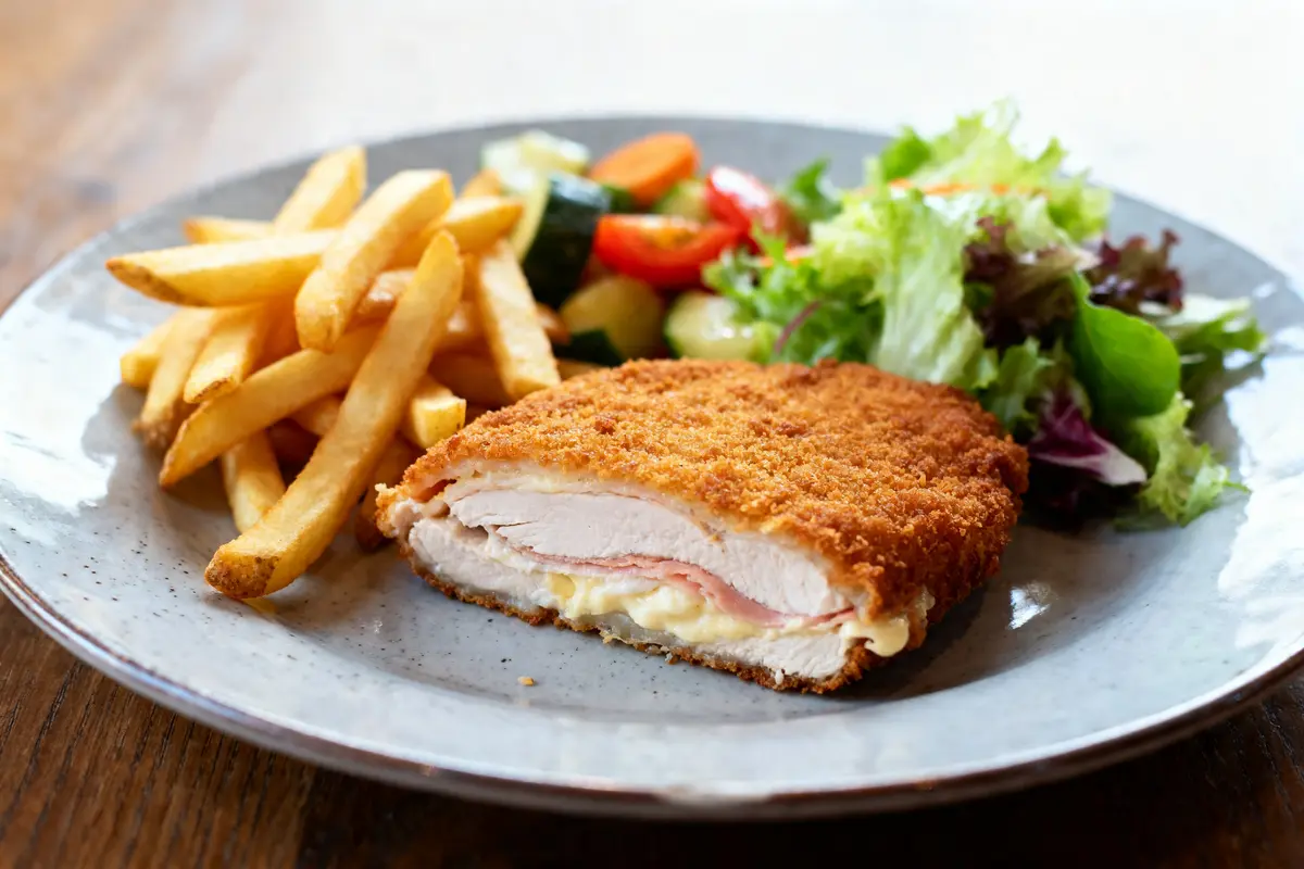 Cordon bleu avec frites et salade, parfait accompagnement pour cordon bleu équilibré.