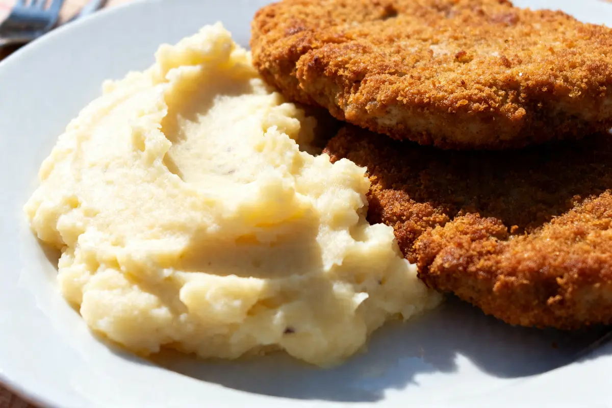 Escalopes panées avec accompagnement purée viande sur assiette blanche en gros plan