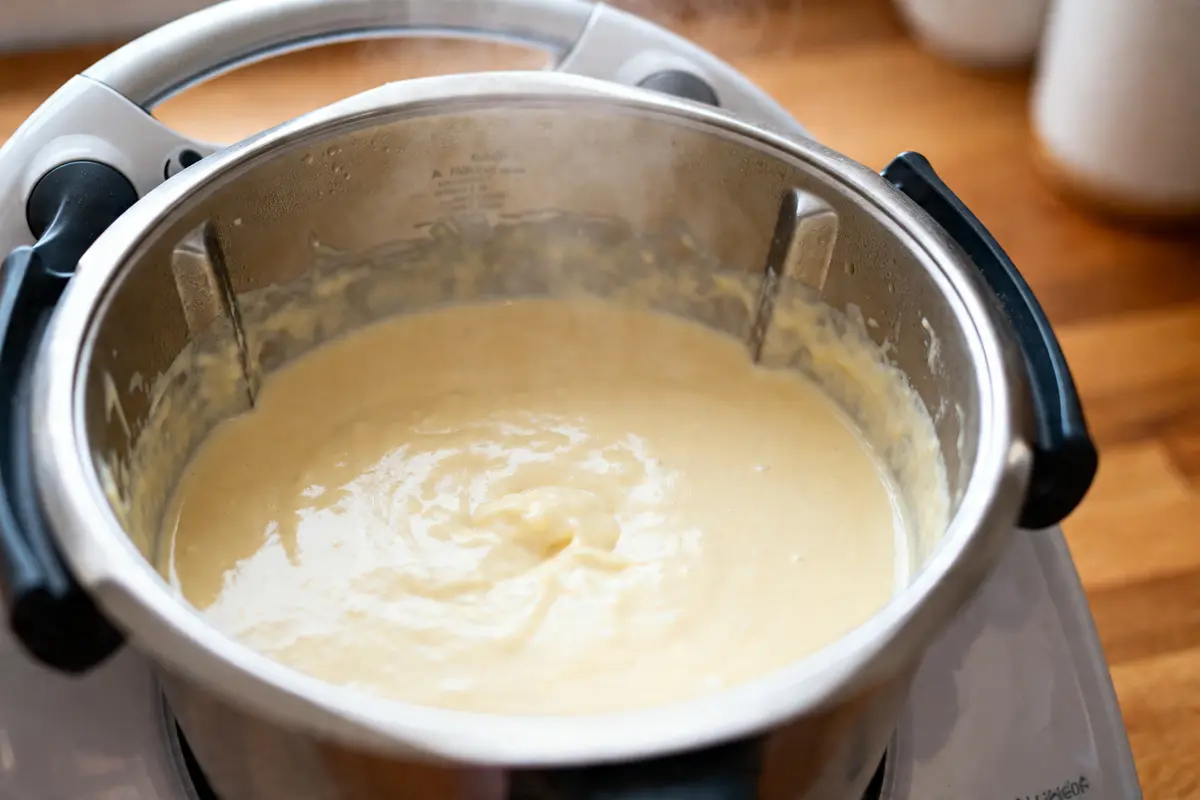 Béchamel au Thermomix fraîchement préparée dans bol en acier inoxydable cuisson vapeur