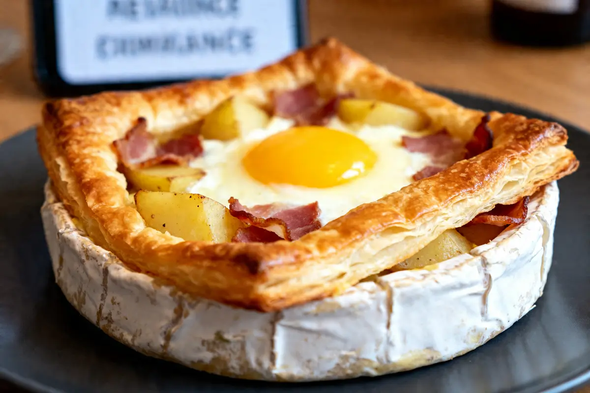Camembert feuilleté garni d'œuf au plat, pommes de terre et bacon sur assiette noire