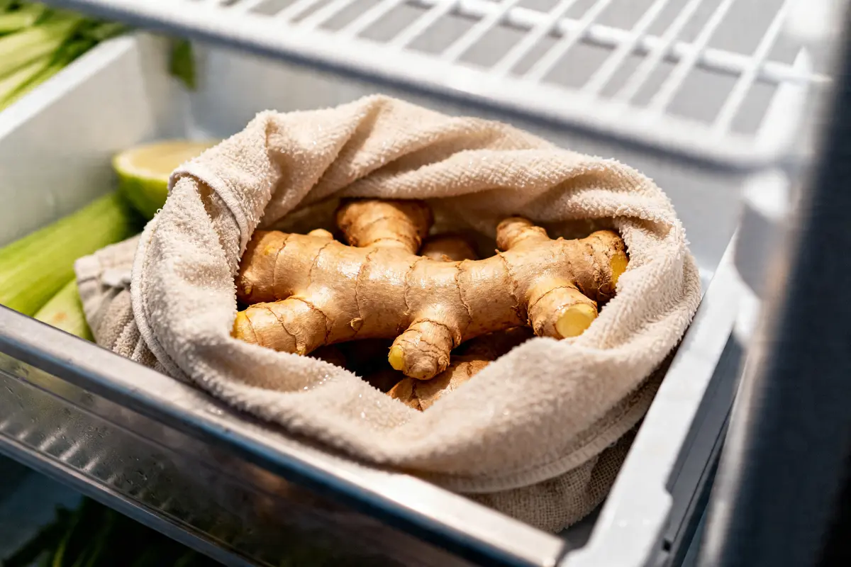 Gingembre frais enveloppé dans un linge au réfrigérateur, comment conserver le gingembre frais optimalement