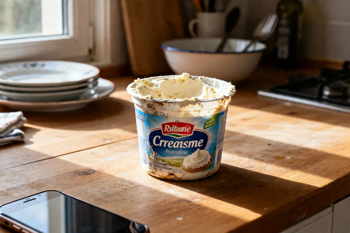 Pot de crème fraîche périmée ouvert sur une table en bois dans la cuisine