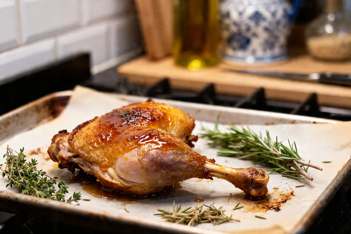 Cuisse de pintade au four dorée avec herbes aromatiques sur plaque de cuisson.