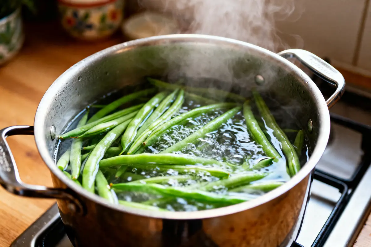 Cuisson des haricots verts à l'eau dans une casserole en ébullition sur une cuisinière