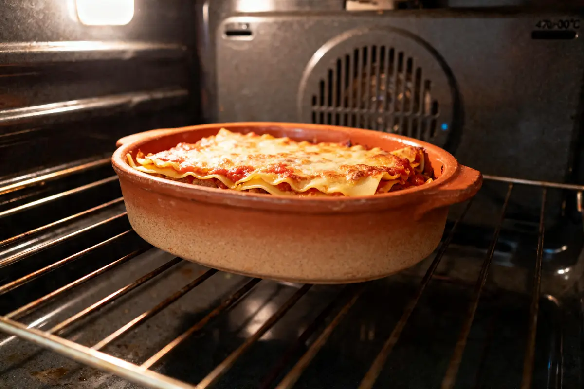 Plat en terre cuite pour cuisson des lasagnes au four sur grille chaude du four