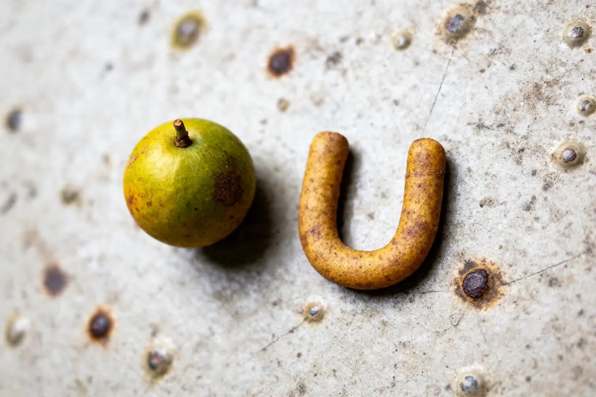 Un fruit rond vert à côté de la lettre U sur fond métallique.