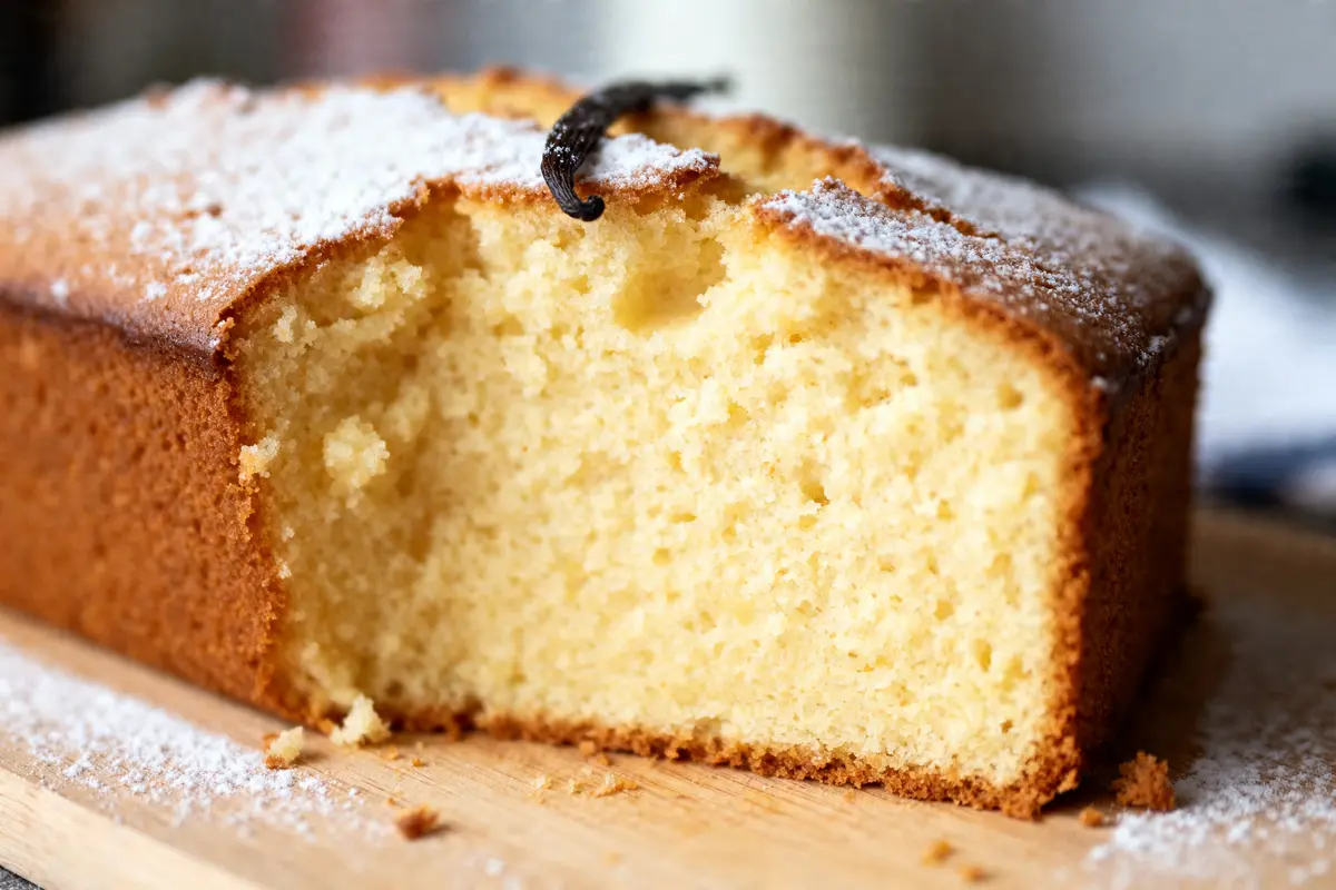 Gros plan d'un gâteau à la vanille moelleux et doré avec sucre glace