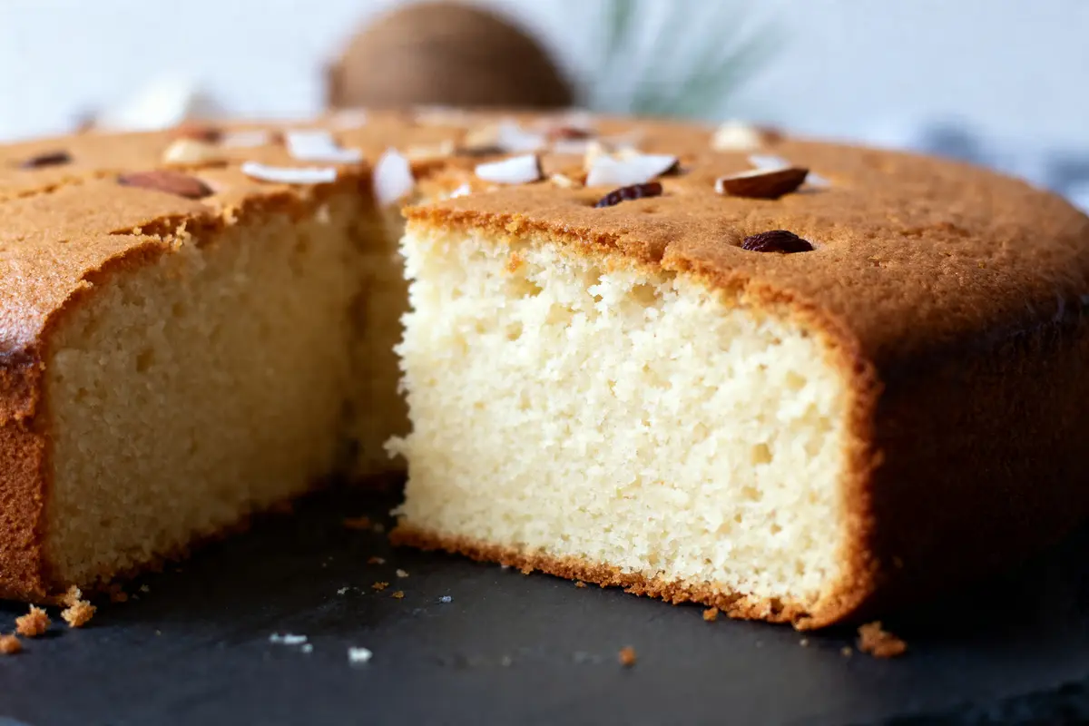 Gâteau au lait de coco moelleux avec tranches d'amandes sur une table noire
