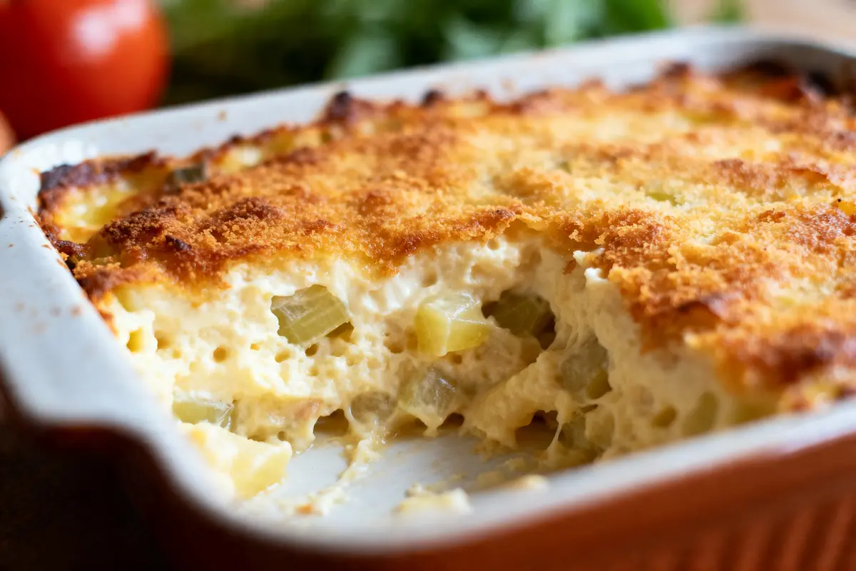 Gratin onctueux aux légumes avec croûte dorée dans un plat rectangulaire blanc
