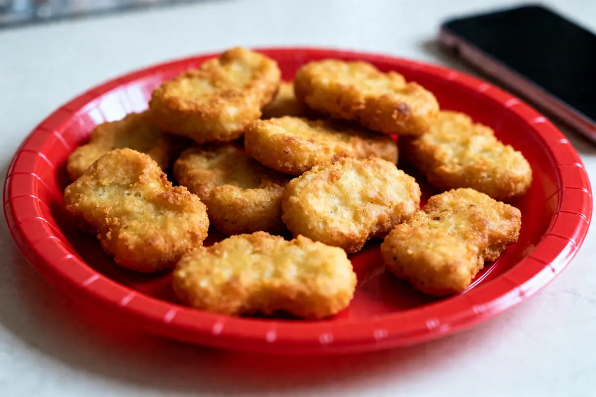 Assiette rouge de nuggets de McDo croustillants posée sur une table blanche
