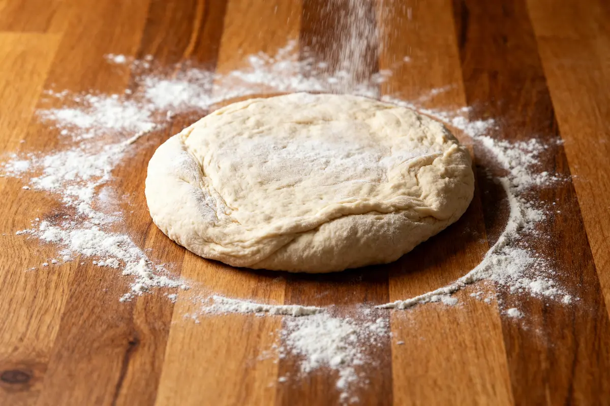 Pâte à pizza sans levure avec farine sur planche en bois