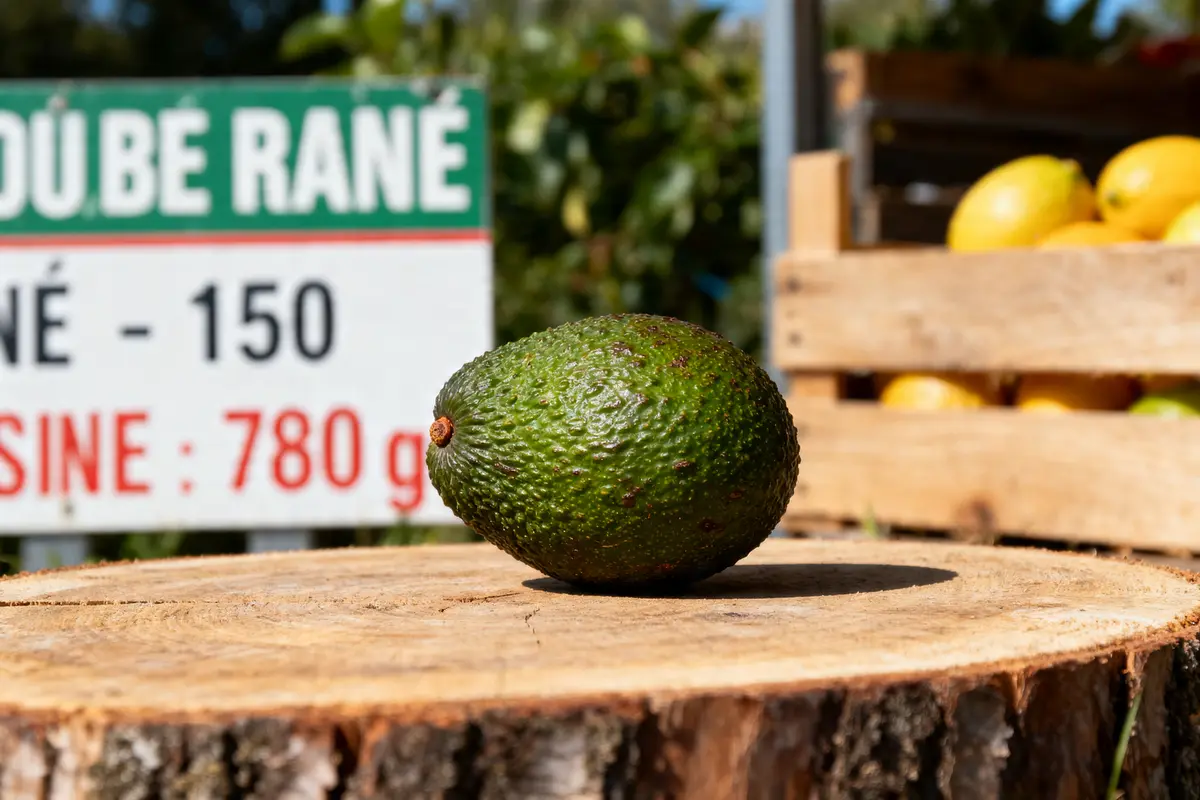 Avocat posé sur une souche en bois indiquant le poids d'un avocat de 780 grammes