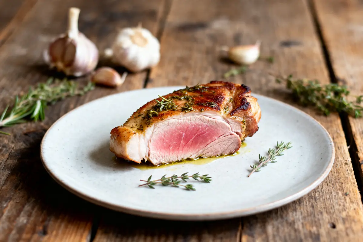 Tranche de pluma de porc grillée, herbes, idéale pour recettes de pluma de porc