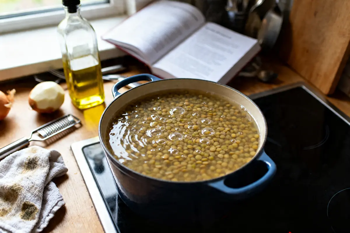 Casserole de lentilles bouillonnantes sur cuisinière pour vérifier le temps de cuisson des lentilles