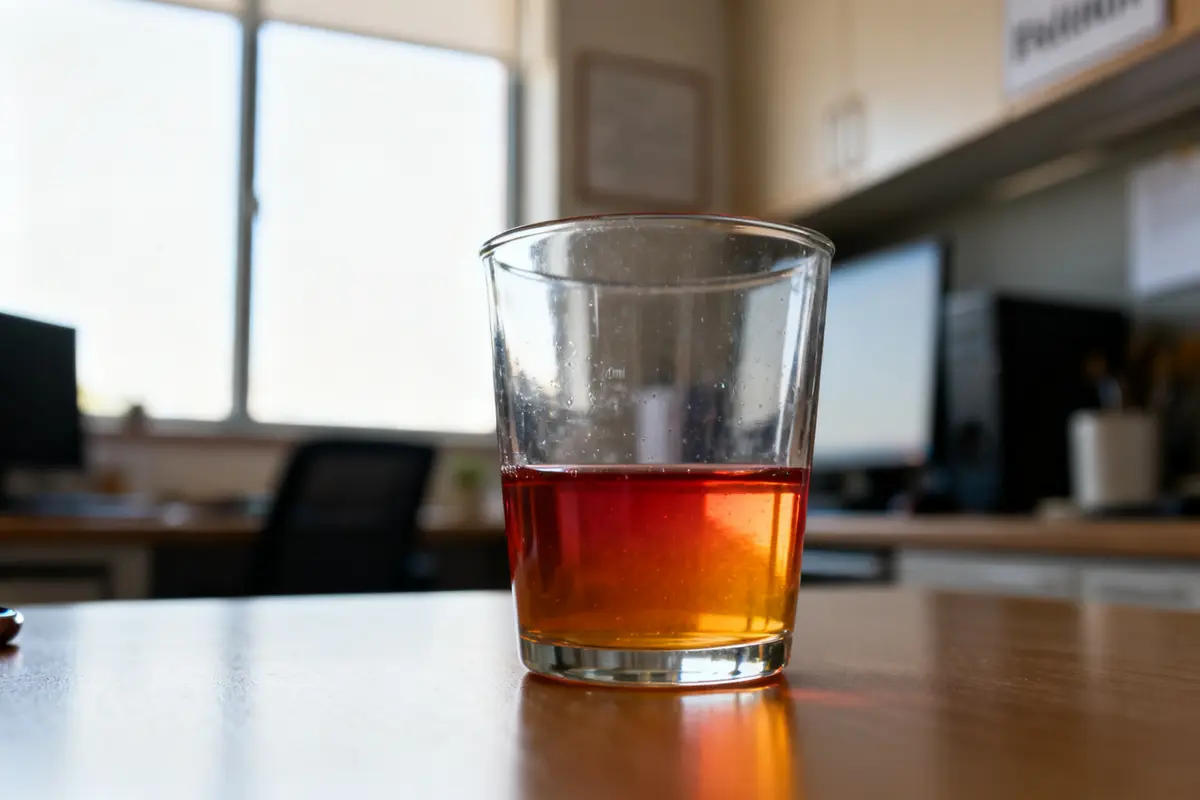 Verre de 100 ml en cl contenant du liquide ambré sur table de bureau discret
