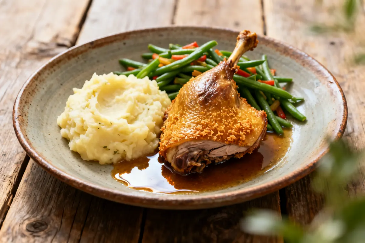 Confit de canard servi avec purée et haricots verts, parfait accompagnement du confit de canard