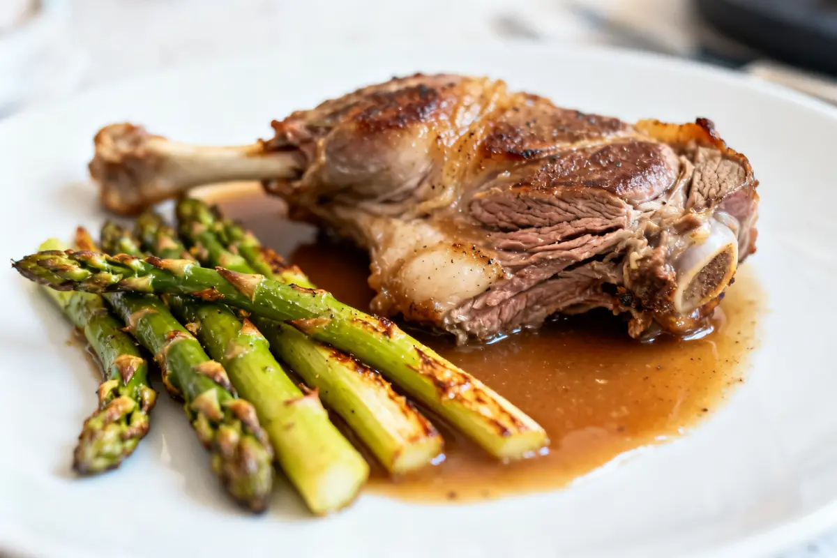 Gigot d'agneau juteux avec asperges grillées comme accompagnement du gigot d'agneau