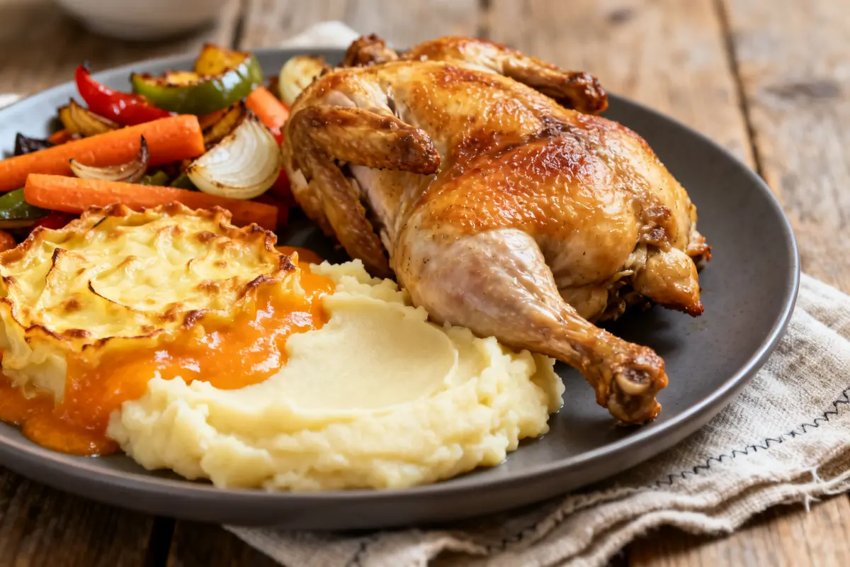 Poulet rôti avec purée et légumes grillés, parfait accompagnement du poulet rôti maison