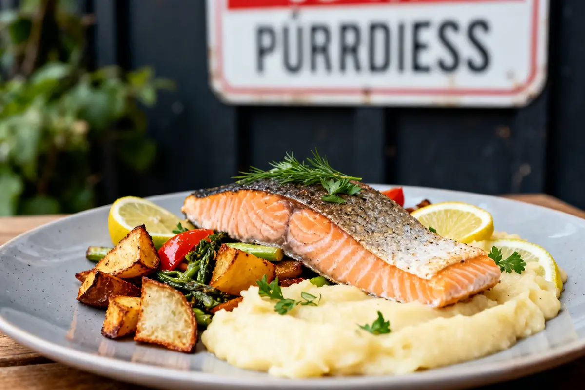 Saumon grillé avec purée, légumes rôtis, idéal accompagnement du saumon pour un repas savoureux