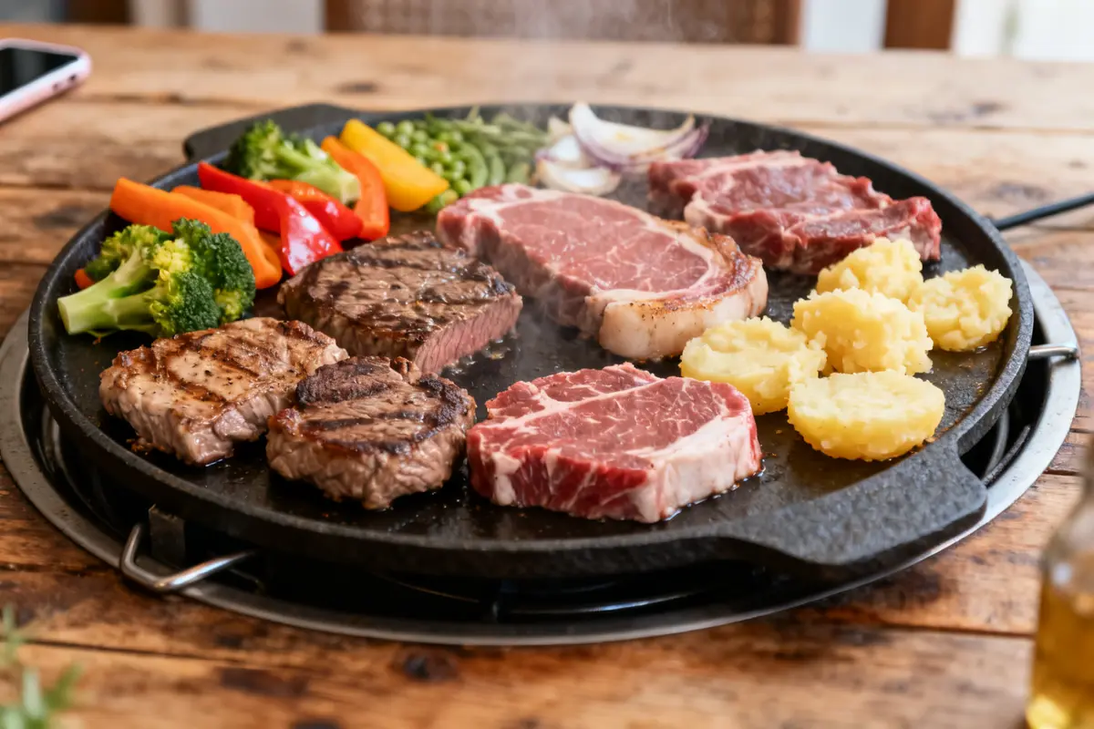 Viande, légumes et pommes de terre sur plaque pour accompagner une pierrade conviviale et gourmande