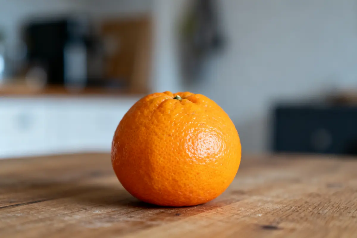 Clémentine posée sur une table en bois illustrant la calorie d'une clémentineur.
