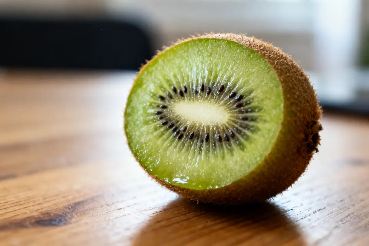 Kiwi coupé en deux sur table en bois illustrant les calories for a kiwi