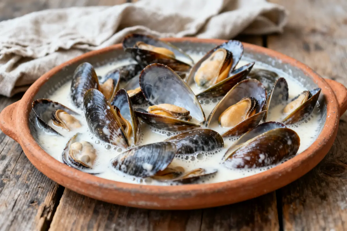 Plat de moules en sauce crémeuse pour comprendre combien de moules par personne.