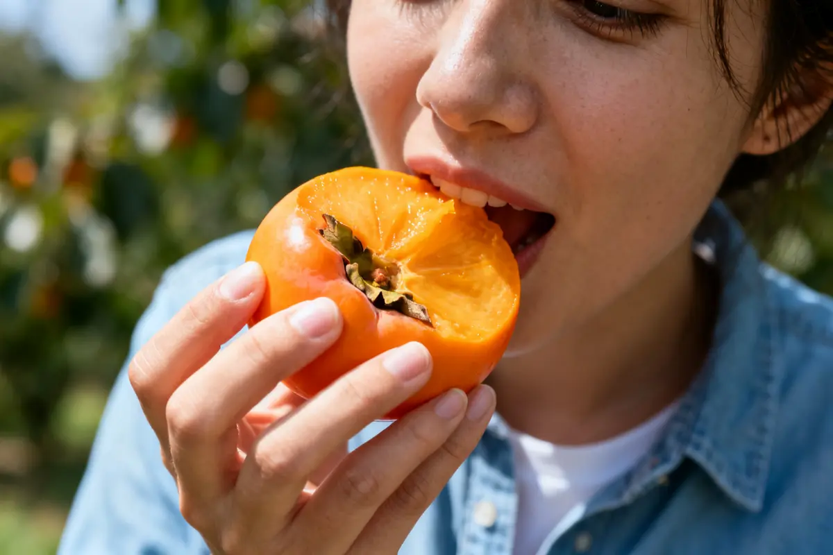 Personne dégustant un kaki juteux en pleine nature, démontrant comment manger le fruit kaki