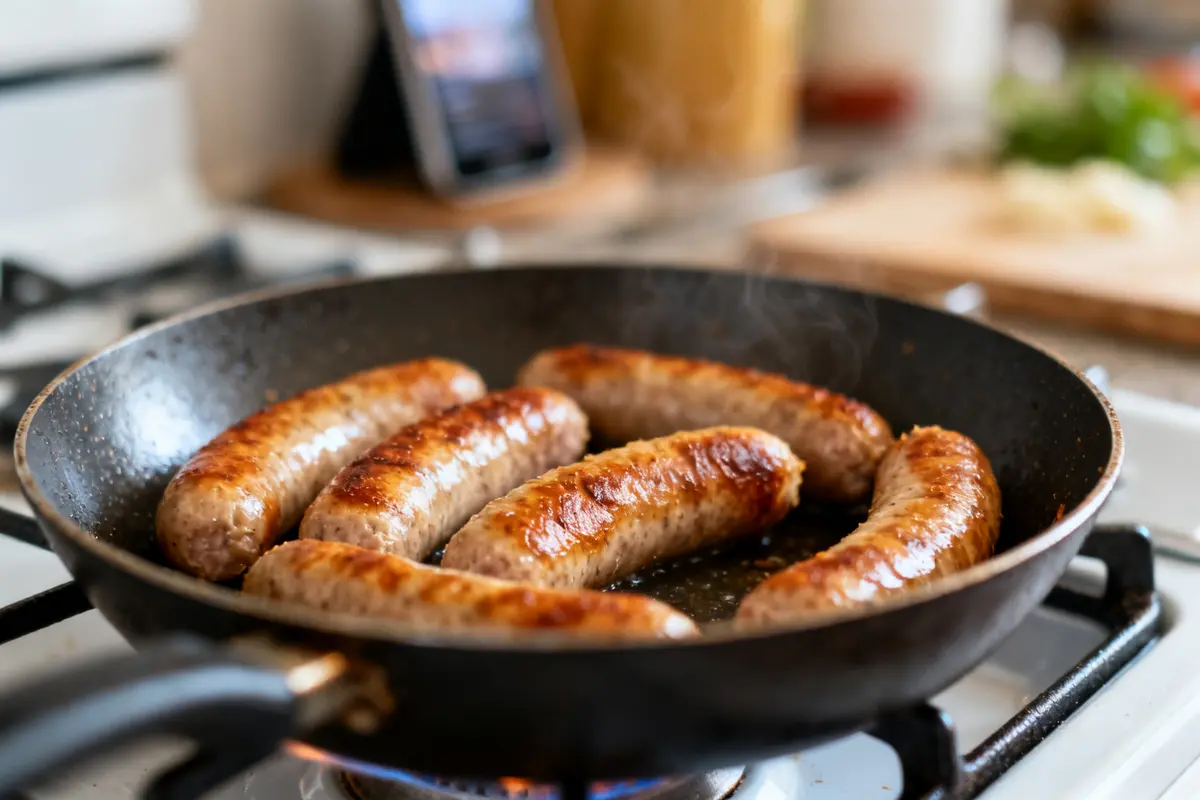 Six chipolatas grillées dans une poêle sur le feu expliquant comment réchauffer des chipolatas