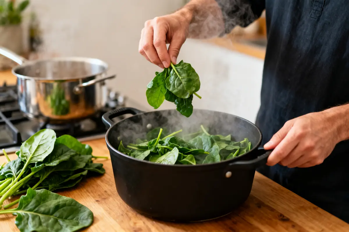 Personne en train de cuire des épinards dans une casserole sur la cuisinière