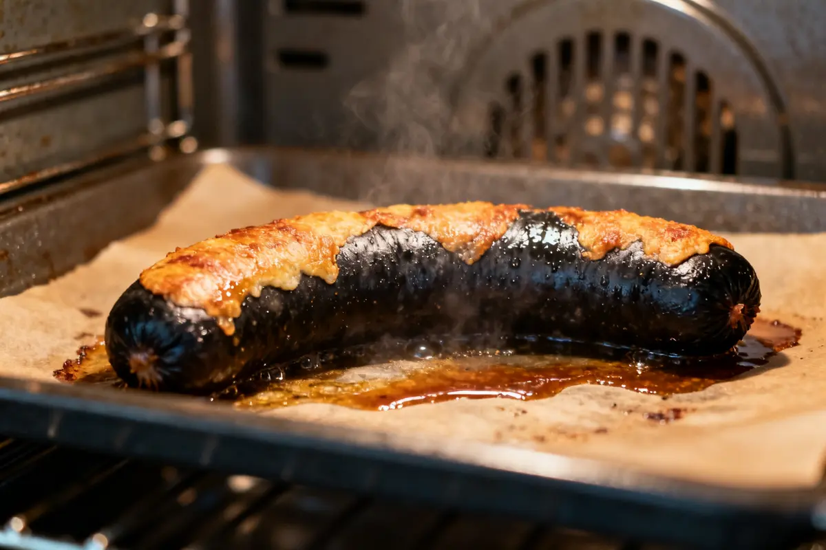 Boudin noir juteux en cuisson du boudin noir au four sur papier cuisson brun