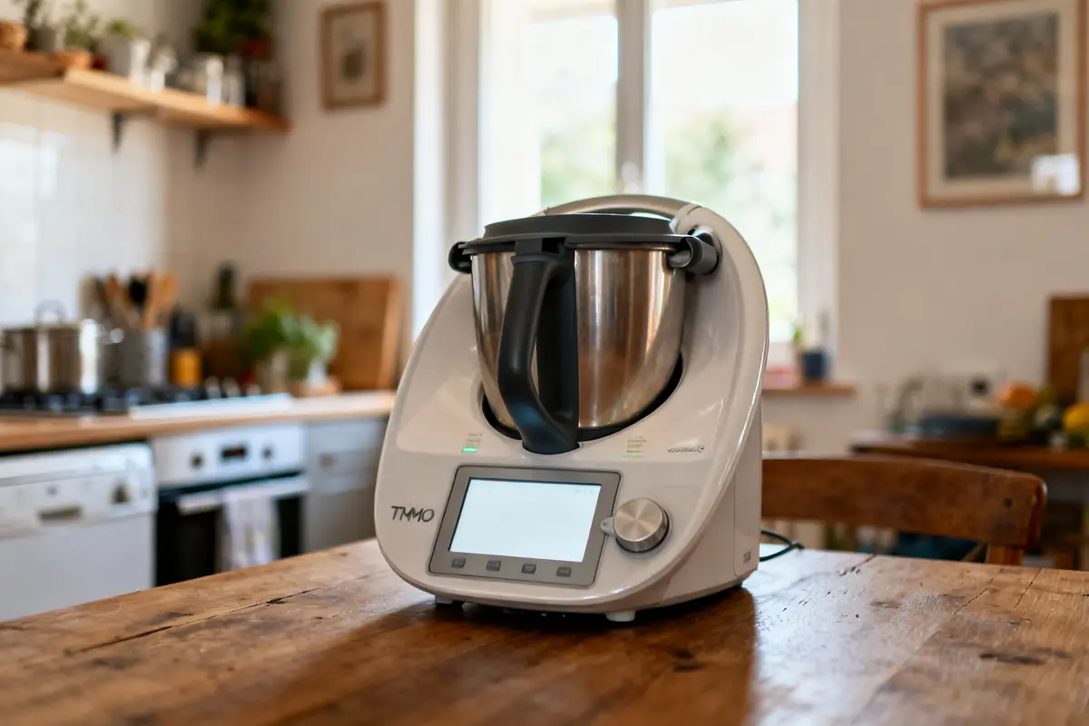 Robot culinaire moderne sur table de cuisine suggérant la date de sortie du nouveau Thermomix TM7